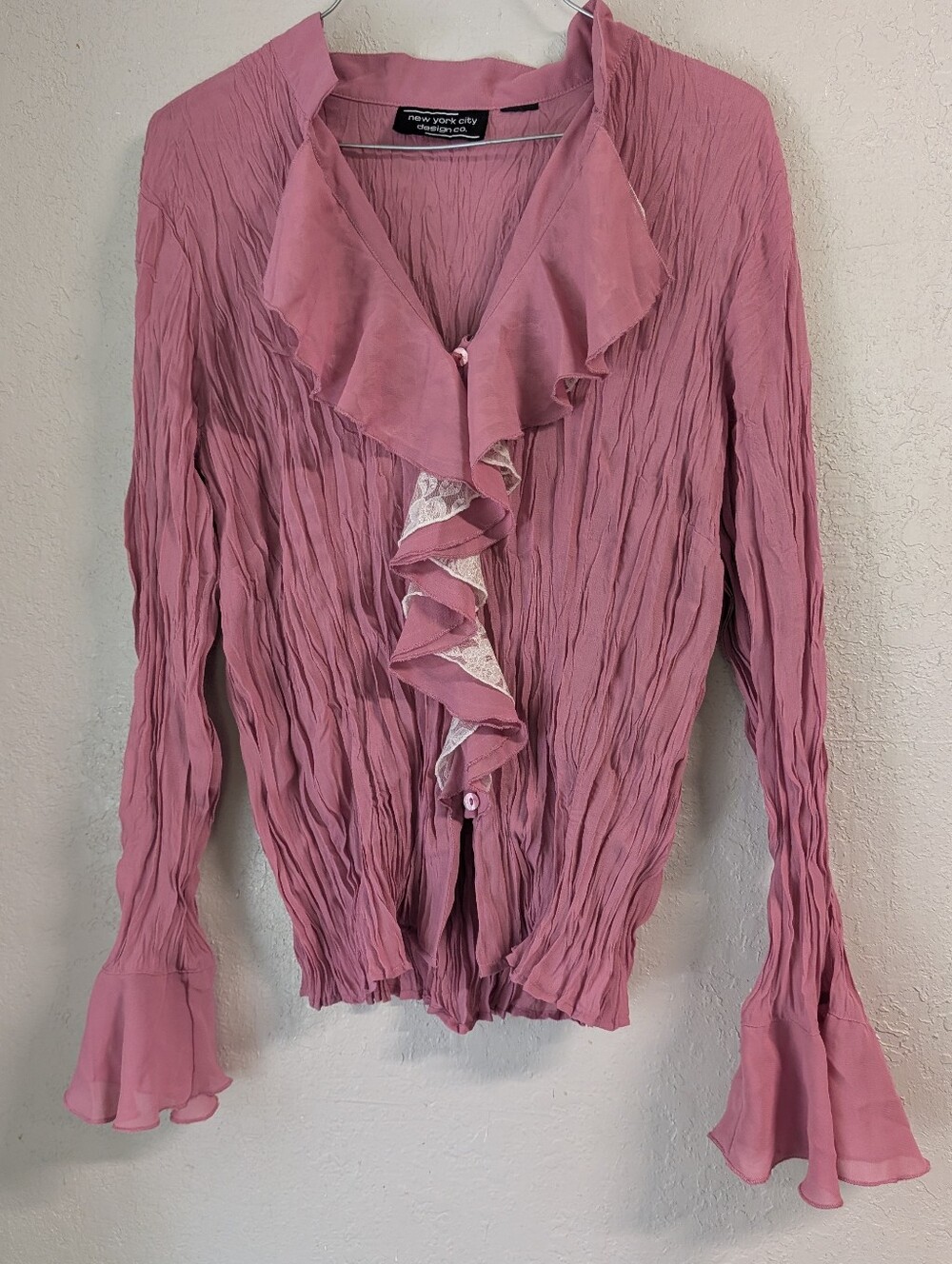 Ruffle Pink Blouse M Pleated Lace Bell Vtg Coquette Festival Fairy Cottage Boho